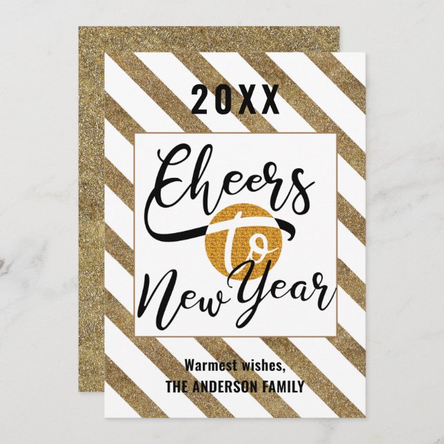 Cheers To New Year Modern Script Gold Black Stripe Holiday Card (Front/Back)