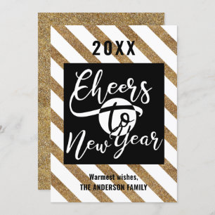 Cheers To New Year Modern Script Gold Black Stripe Holiday Card