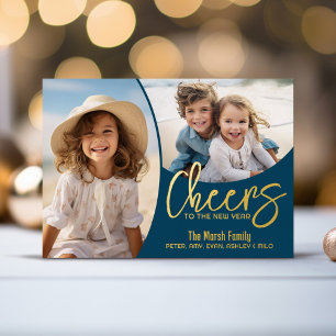 Cheers to New Year Moody Blue - Photo - Botanical Foil Holiday Card