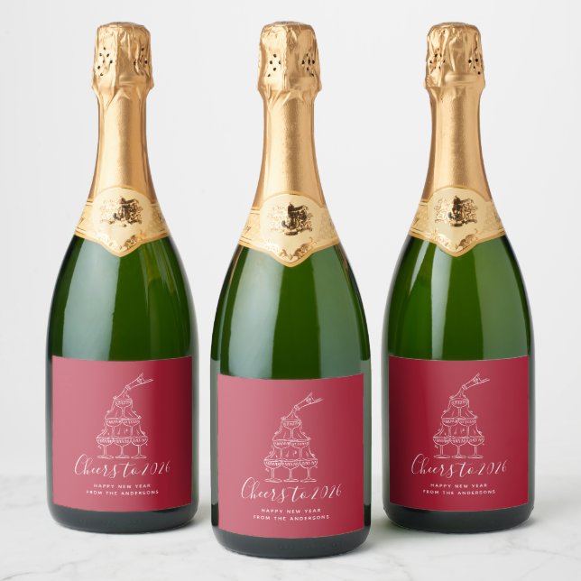 Cheers to New Years Party Modern Red  Sparkling Wine Label (Bottles)