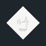 Cheers to Ninety Modern Silver 90th Birthday Party Napkin<br><div class="desc">This custom paper napkin will add stylish detail to your 90th birthday celebration. This design features simple chic silver lettering "Ninety" with custom text. Matching invitations and party supplies are available in my shop BaraBomDesign.</div>
