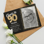 Cheers to Ninety Years 90th Birthday Photo Invitation<br><div class="desc">Elegant ninetieth birthday party invitations featuring a stylish black background that can be changed to any colour,  a photo of the birthday girl / boy,  gold sparkly glitter,  ninety gold hellium balloons,  and a modern 90th birthday celebration text template that is easy to personalise.</div>