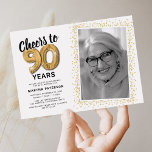 Cheers to Ninety Years 90th Birthday Photo Invitation<br><div class="desc">Elegant ninetieth birthday party invitations featuring a simple white background that can be changed to any colour,  a photo of the birthday girl / boy,  gold sparkly glitter,  ninety gold hellium balloons,  and a modern 90th birthday celebration text template that is easy to personalise.</div>