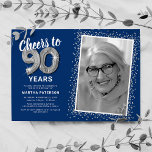 Cheers to Ninety Years 90th Birthday Photo Invitation<br><div class="desc">Celebrate the grand milestone of turning ninety with our elegant birthday party invitations. With a customisable trendy blue background, a personal photo spot, and silver accents, these invitations are sure to leave a lasting impression. The silver helium balloon details add a touch of magic, while the modern 90th birthday text...</div>
