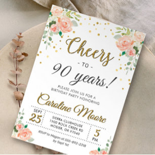 Cheers to Ninety Years Ladies 90th Birthday Party Invitation