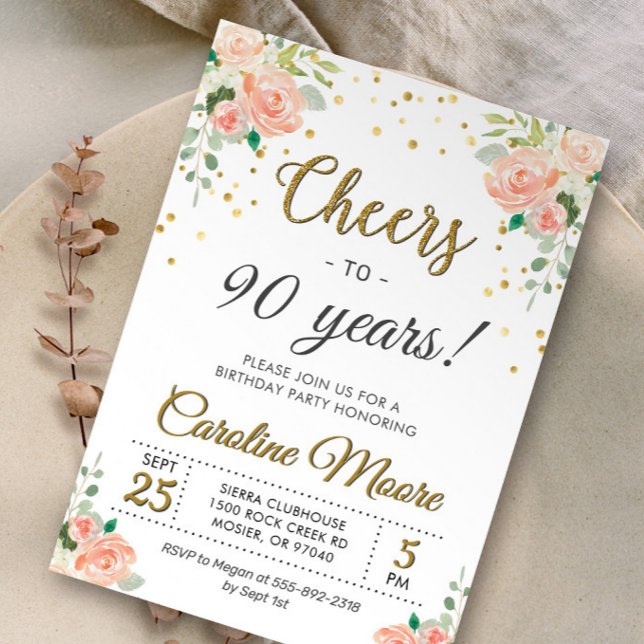 Cheers to Ninety Years Ladies 90th Birthday Party  Invitation (Creator Uploaded)