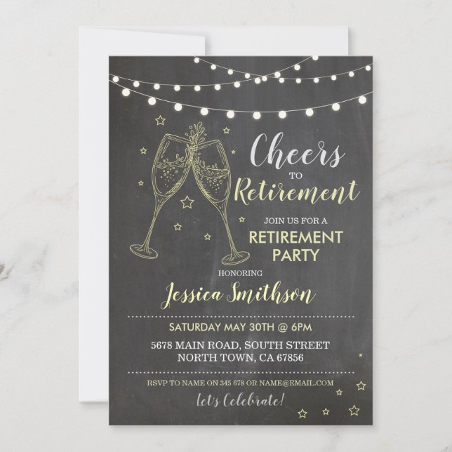 Cheers to Retirement Party Chalk Lights Champagne Invitation (Front)