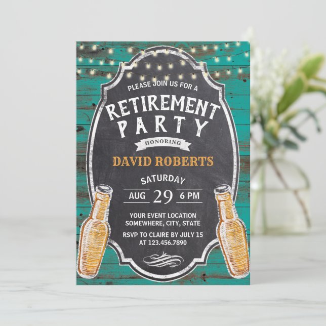 Cheers to Retirement Rustic Teal Barn Beer Party  Invitation (Standing Front)