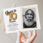 Cheers to Seventy Years 70th Birthday Photo Invitation<br><div class="desc">Elegant seventieth birthday party invitations featuring a simple white background that can be changed to any colour,  a photo of the birthday girl / boy,  gold sparkly glitter,  seventy gold hellium balloons,  and a modern 70th birthday celebration text template that is easy to personalise.</div>