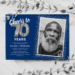 Cheers to Seventy Years 70th Birthday Photo Invitation<br><div class="desc">Elegant seventieth birthday party invitation featuring a stylish blue background that can be changed to any colour,  a photo of the birthday girl / boy,  silver sparkly glitter,  seventy silver hellium balloons,  and a modern 70th birthday celebration text template that is easy to personalise.</div>