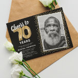 Cheers to Seventy Years 70th Birthday Photo Invitation<br><div class="desc">Celebrate the grand milestone of turning seventy with our elegant birthday party invitations. With a customisable trendy black background, a personal photo spot, and golden accents, these invitations are sure to leave a lasting impression. The gold helium balloon details add a touch of magic, while the modern 70th birthday text...</div>