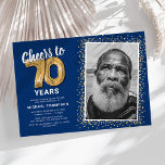Cheers to Seventy Years 70th Birthday Photo Invitation<br><div class="desc">Celebrate the grand milestone of turning seventy with our elegant birthday party invitations. With a customisable trendy blue background, a personal photo spot, and golden accents, these invitations are sure to leave a lasting impression. The gold helium balloon details add a touch of magic, while the modern 70th birthday text...</div>