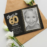 Cheers to Sixty Years 60th Birthday Photo Invitation<br><div class="desc">Celebrate the grand milestone of turning sixty with our elegant birthday party invitations. With a customisable trendy black background, a personal photo spot, and golden accents, these invitations are sure to leave a lasting impression. The gold helium balloon details add a touch of magic, while the modern 60th birthday text...</div>