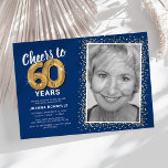 Cheers to Sixty Years 60th Birthday Photo Invitation<br><div class="desc">Elegant sixtieth birthday party invitation featuring a trendy blue background that can be changed to any colour,  a photo of the birthday girl / boy,  gold sparkly glitter,  sixty gold hellium balloons,  and a modern 60th birthday celebration text template that is easy to personalise.</div>