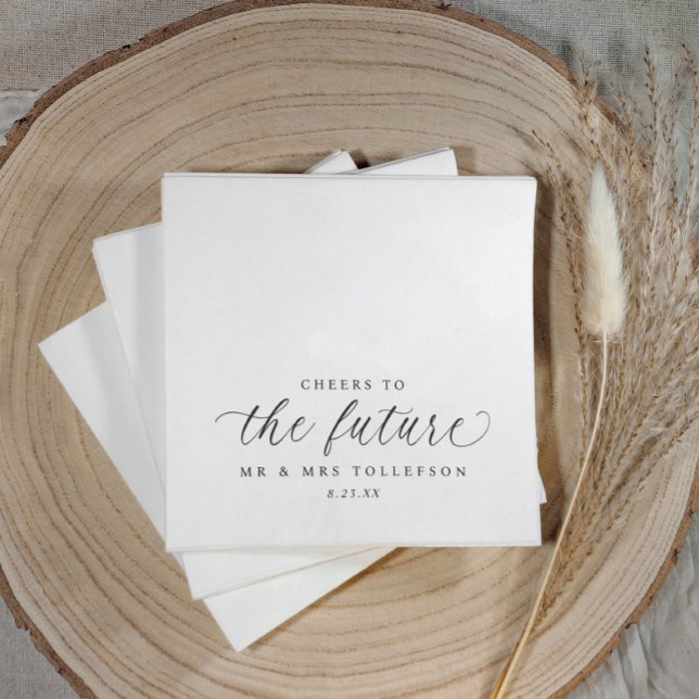 Cheers to the Future Wedding Engagement or Shower Napkin (Elegant black and white “Cheers to the Future” napkins for engagement celebrations)