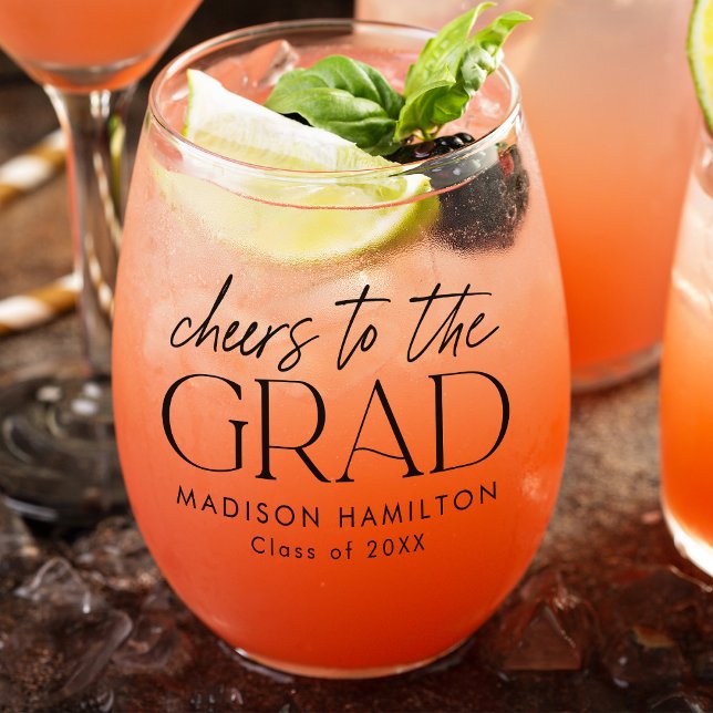 Cheers to the Grad Black Script Graduation Stemless Wine Glass (Creator Uploaded)