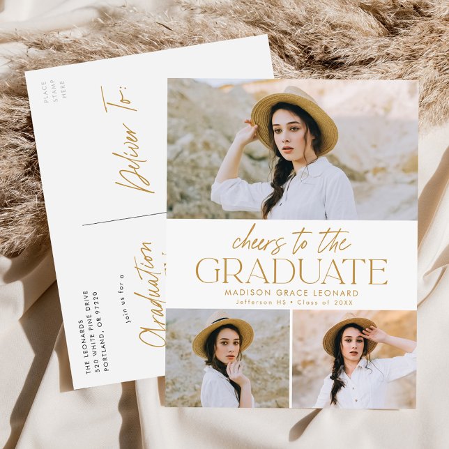 Cheers to the Grad Gold 3 Photo Graduation Party Invitation Postcard (Creator Uploaded)
