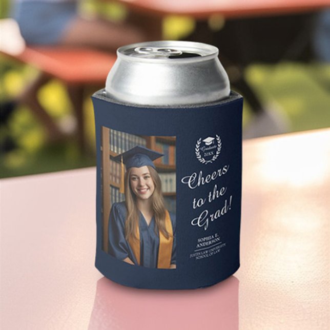 Cheers to the Grad Navy Blue Custom Grad Photo Can Cooler (Creator Uploaded)