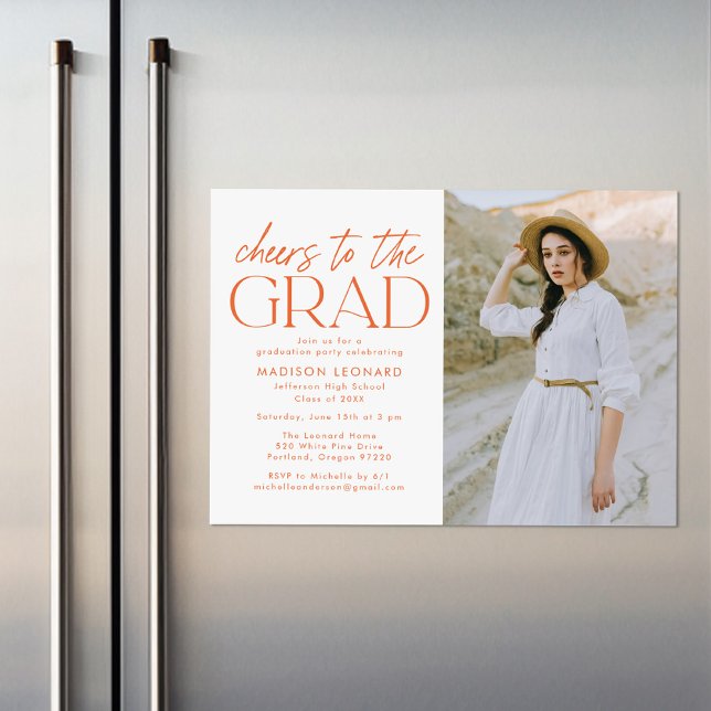 Cheers to the Grad Orange Photo Graduation Party Magnetic Invitation (Creator Uploaded)