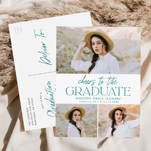 Cheers to the Grad Teal 3 Photo Graduation Party Invitation Postcard