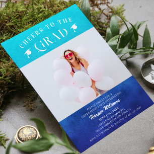 Cheers To The Grad Trendy Modern Photo Blue Invitation