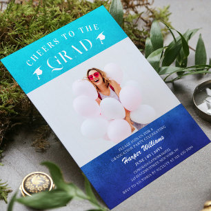 Cheers To The Grad Trendy Modern Photo Blue Invitation