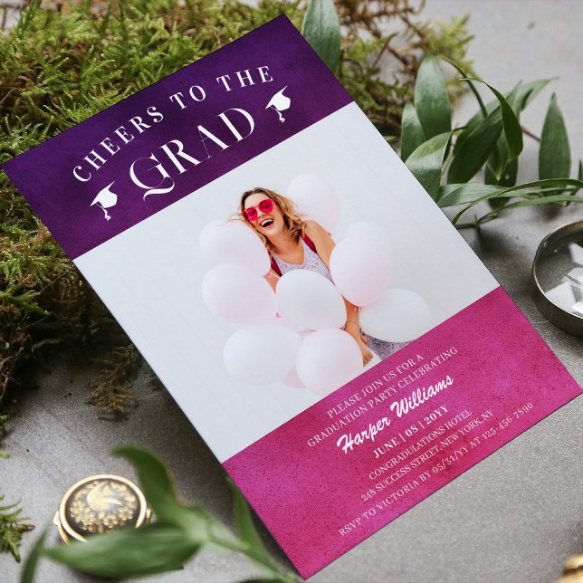 Cheers To The Grad Trendy Modern Photo Pink Purple Invitation (Creator Uploaded)