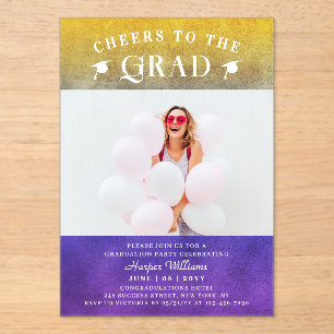 Cheers To The Grad Trendy Modern Photo Purple Gold Acrylic Invitations