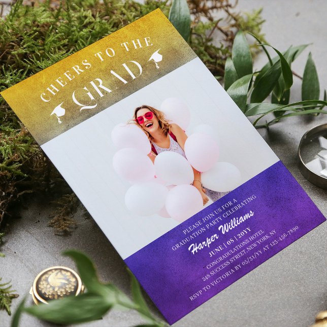 Cheers To The Grad Trendy Modern Photo Purple Gold Invitation (Creator Uploaded)