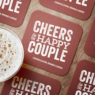 Cheers to the happy couple brick red wedding square paper coaster