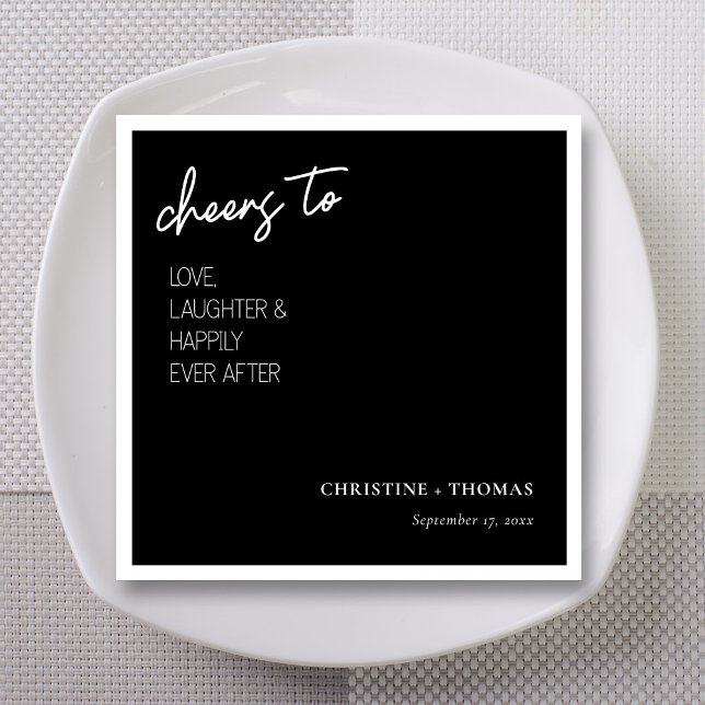 Cheers to the Happy Couple! Wedding Napkin (Black & white Cheers to Love Laughter and Happily Ever After wedding napkins with personalized name)