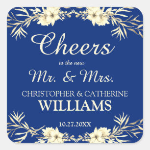 Cheers to the Mr. & Mrs. Blue Floral Wedding  Square Sticker