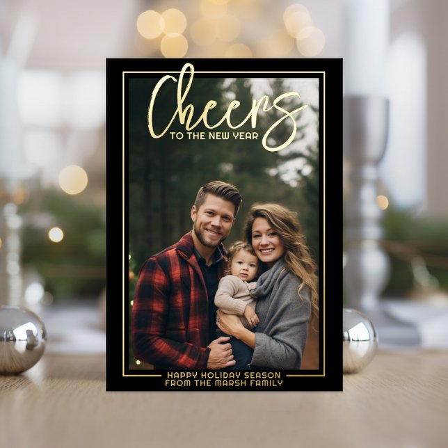 Cheers to the New Year - Black Botanicals - Photo Foil Holiday Card (Cheers to the New Year - Photo Greeting)