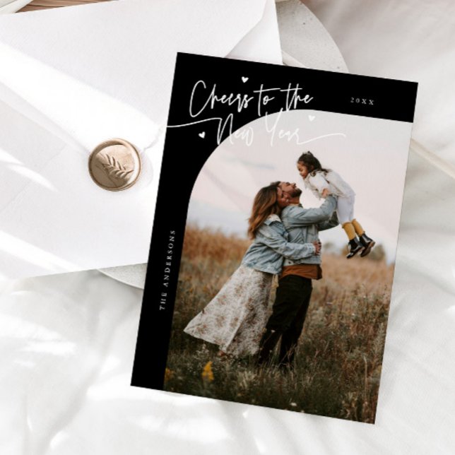 Cheers To The New Year Black Curved Frame Photo Holiday Card (Creator Uploaded)