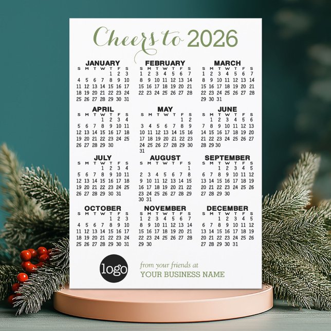Cheers to the New Year Business Logo Holiday Card (2026 Calendar on a Holiday Business Card)