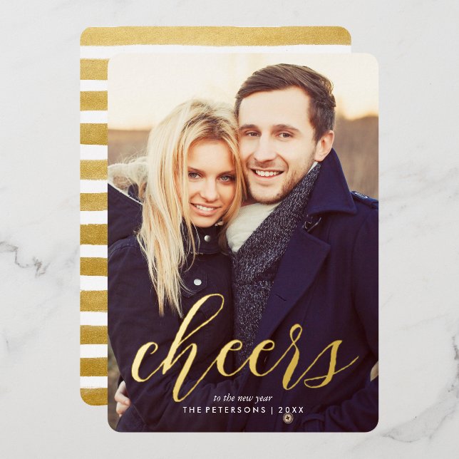"Cheers To The New Year" Custom Photo Foil Holiday Card (Front/Back)