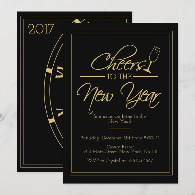Cheers to the New Year, Elegant Gold Invitation (Front/Back)