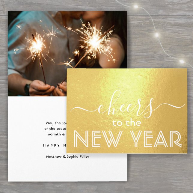 Cheers to the New Year Elegant Photo Modern Script Foil Card (Creator Uploaded)