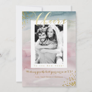 CHEERS To the New Year Glam Watercolor Photo Holiday Card