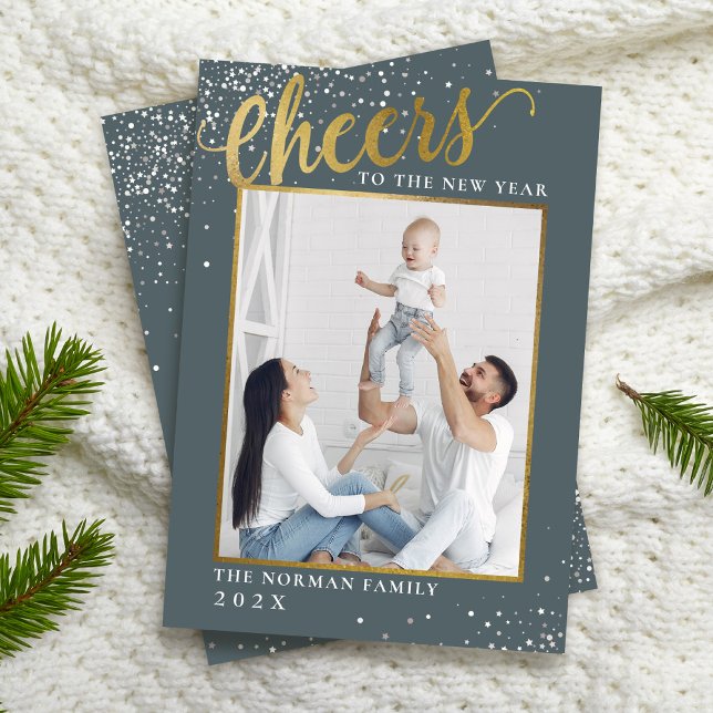 Cheers to the New Year Gray Gold Glitter Photo Holiday Card (Creator Uploaded)
