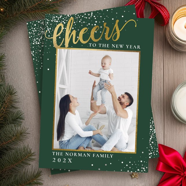 Cheers to the New Year Green Gold Glitter Photo Holiday Card (Creator Uploaded)