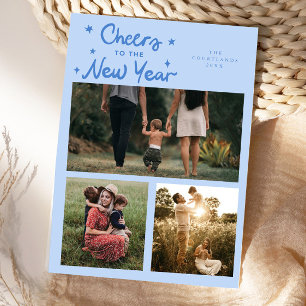 Cheers To The New Year Icy Blue Multi Photo Holiday Card