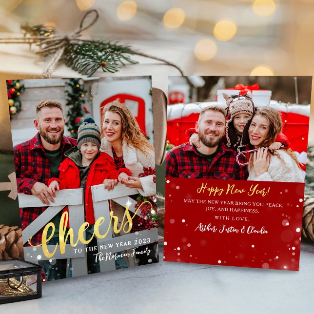 Cheers to the New Year Sparkle Light 2 Photo Red Holiday Card (Creator Uploaded)