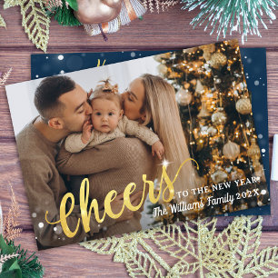 Cheers to the New Year Sparkle Light 3 Photo Blue Holiday Card
