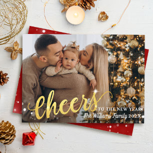 Cheers to the New Year Sparkle Light 3 Photo Red Holiday Card
