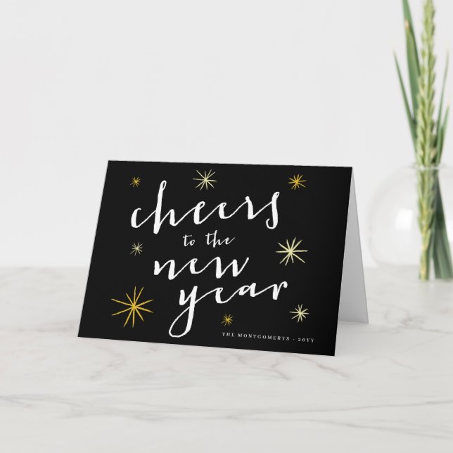Cheers To The New Year Starbursts Fireworks Modern Holiday Card (Front)