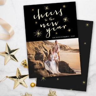 Cheers To The New Year Starbursts Fireworks Photo Foil Holiday Card