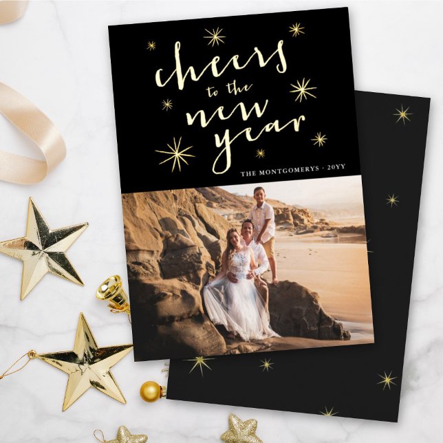 Cheers To The New Year Starbursts Fireworks Photo Foil Holiday Card (Creator Uploaded)