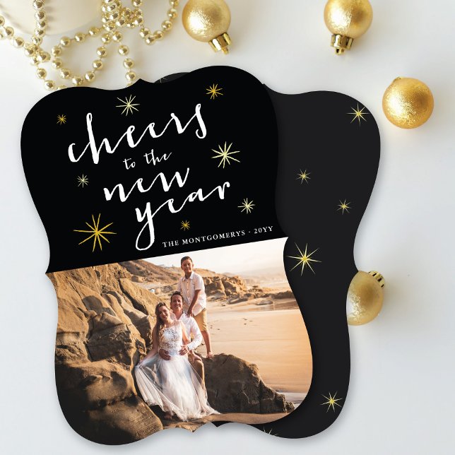 Cheers To The New Year Starbursts Fireworks Photo Holiday Card (Creator Uploaded)