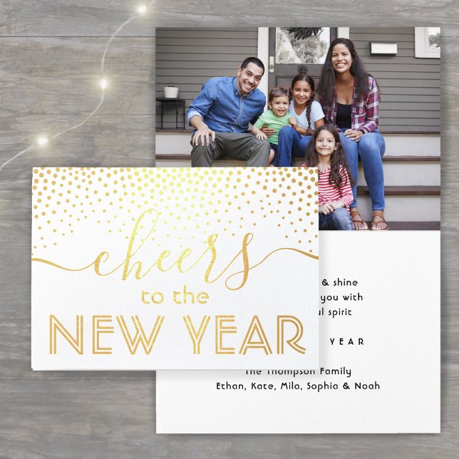 Cheers to the New Year Stylish Confetti One Photo Foil Card (Creator Uploaded)